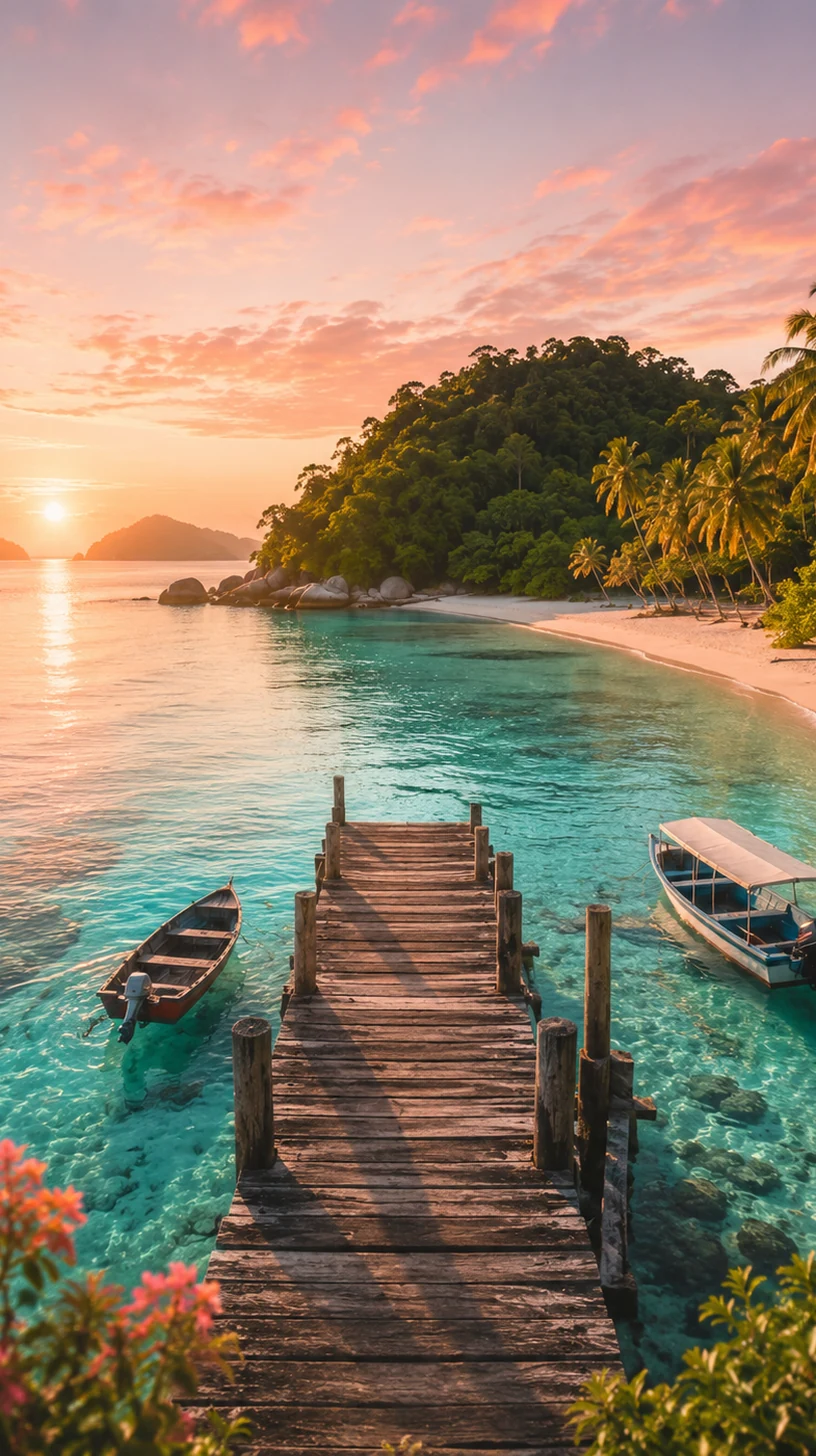 Pinterest-style quiet island jetty at coral sunset in Malaysia