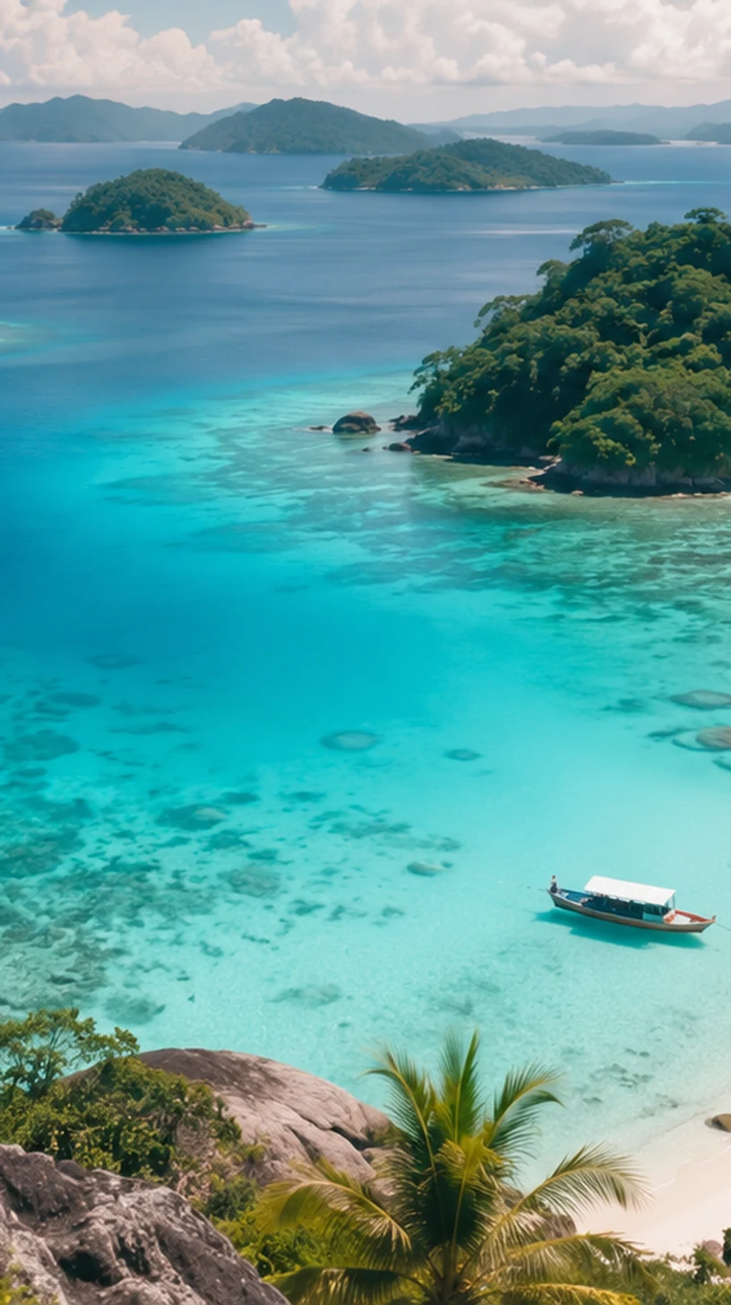 Pinterest-style hidden Malaysian island lagoon with deep ocean, aqua water and coral flowers