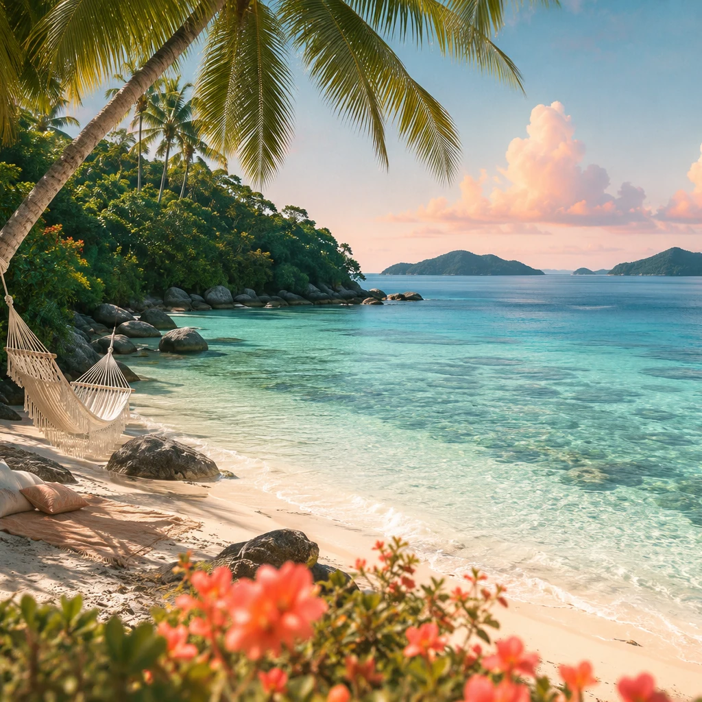 Pinterest-style pearl-white Malaysian beach with hammock, palms and aqua water