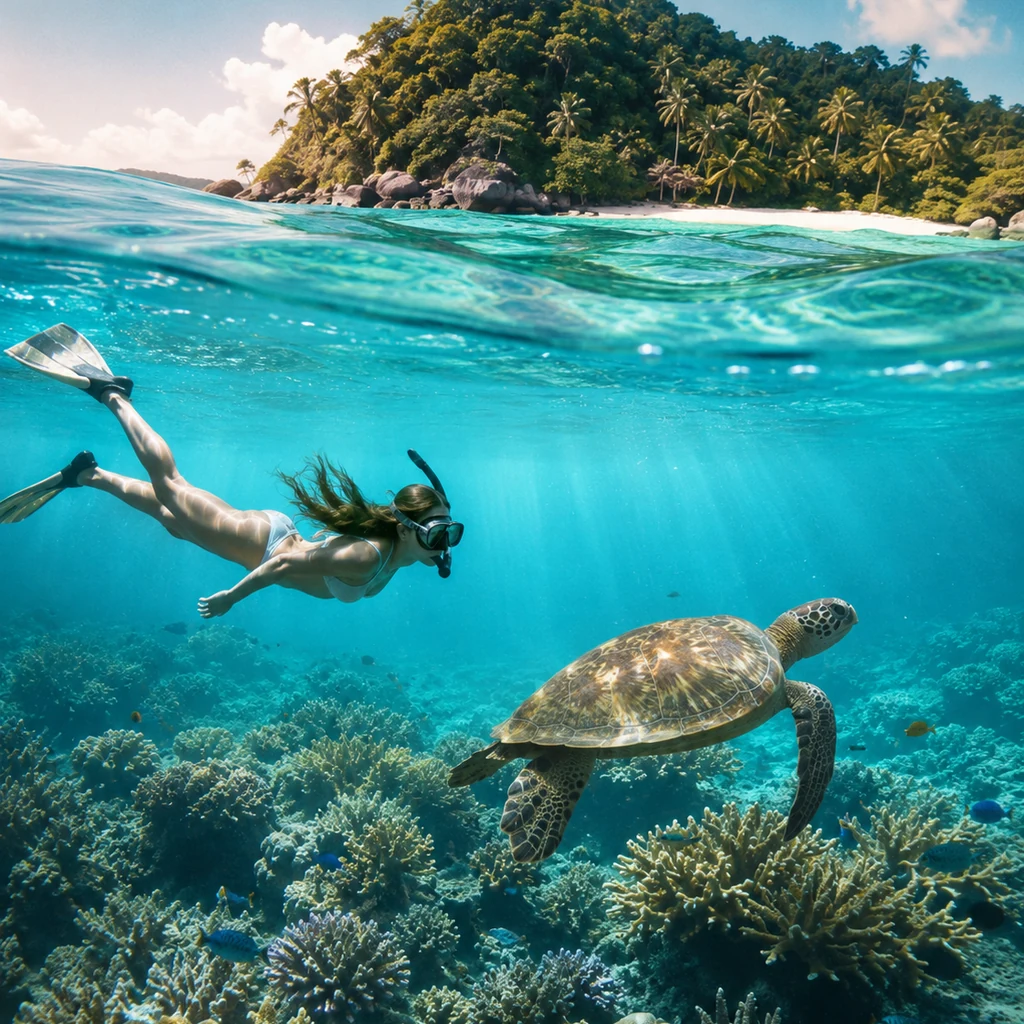 Pinterest-style Malaysian reef snorkelling scene with clear aqua water